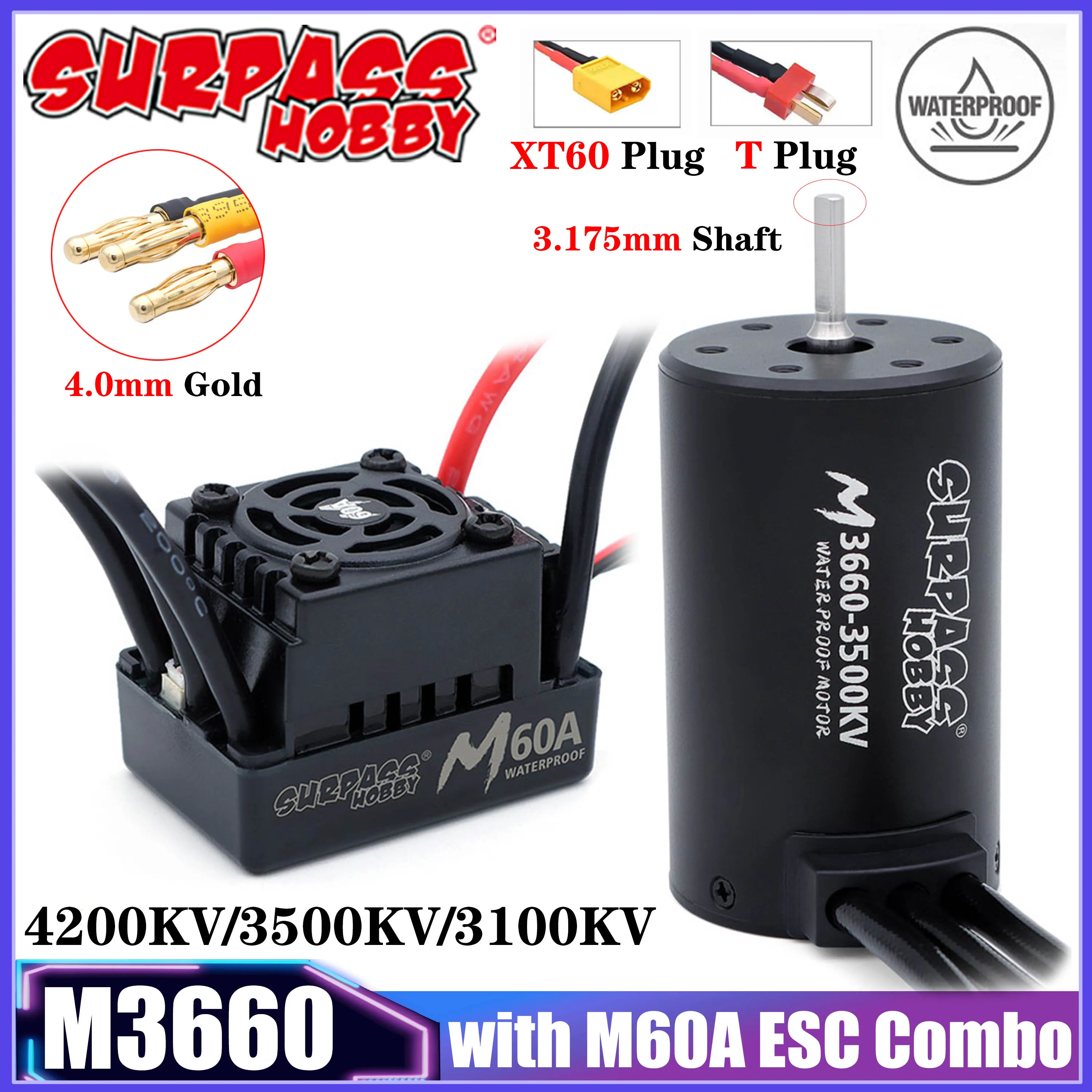 SURPASS HOBBY M Series 3660 wasserdichter bürstenloser Motor mit M60A ESC Combo T/XT60-Stecker für 1/10 RC Car Truck Boat Traxxas Wltoys