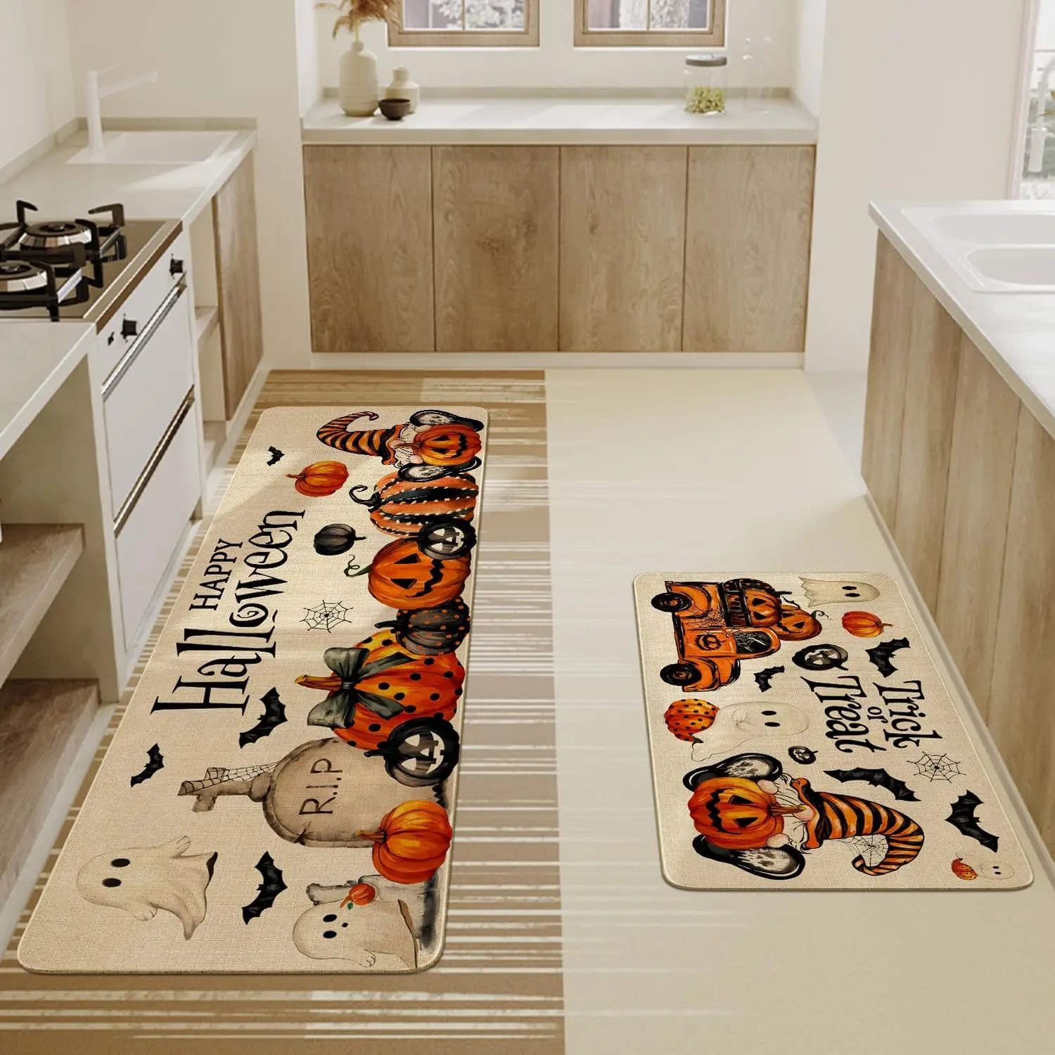 1/2 stücke Halloween Küche Fußmatten Geist Kürbis Balkon Veranda Teppich Waschbar Eingang Willkommen Fußmatte Wohnkultur Zubehör Image