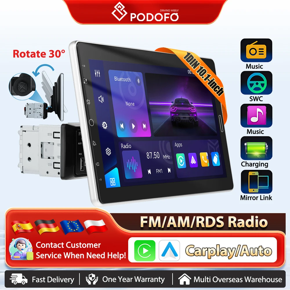 Podofo 10,1-Zoll-Autoradio mit drehbarem Bildschirm, einzelnes Din-Autoradio, unterstützt drahtloses Carplay, Android Auto, FM/AM/RDS-Radio Image