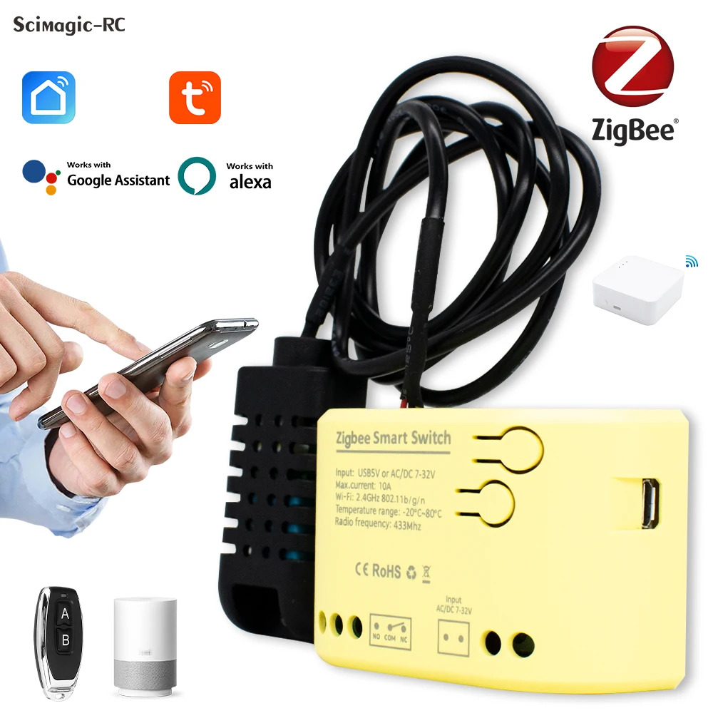 Zigbee 1-Kanal-Smart-Schalter mit Temperatur- und Feuchtigkeitssensor Passives Zigbee-Relais mit trockenem Kontakt Arbeiten Sie mit Alexa Image