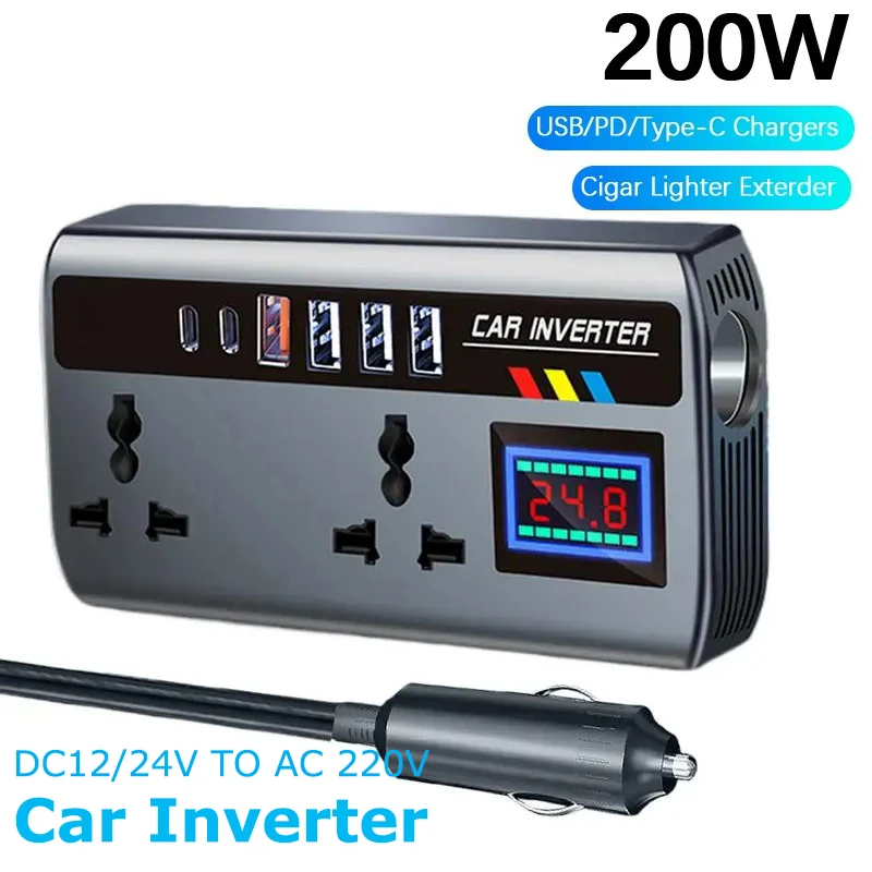 Tragbarer Auto-Wechselrichter, 12 V/24 V auf 220 V, Steckdosenadapter mit 3 USB-Anschlüssen, Schnellladung, Kfz-Ladegerät für Auto, Auto, LKW, SUV, Wohnmobil Image