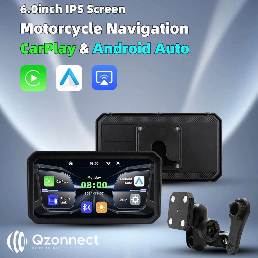 Qzonnect 2025 6" Motorrad GPS CarPlay Android Auto, IP67, 5GHz WiFi, Bluetooth 5.0, optionales TPMS, TF Max 64G Image
