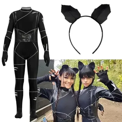 Wednesday Addams Cosplay-Kostüm für Halloween-Party, schwarzer Katzen-Overall für Kinder, Mädchen, Ohren, Stirnband, Outfit, Catsuit für Frauen Image