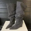 Eilyken Winter Mode Plissee Kniehohe Stiefel Frauen Chunky Keile Heels Damen Schuhe Spitz Lange Booties Zapatos De mujer