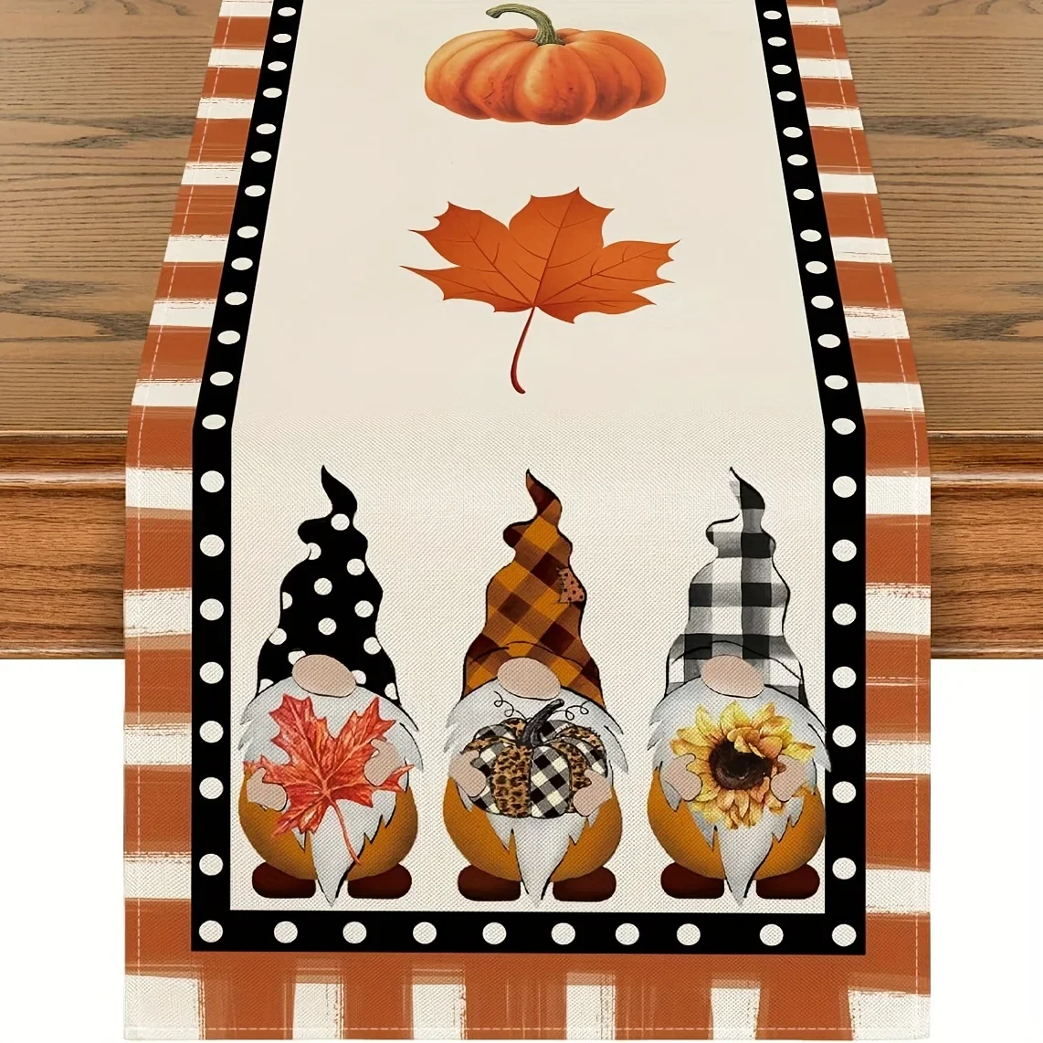 1-teiliger Tischläufer mit Herbstzwergenmuster, bemalter Kürbis, Ahornblatt, karierter Zwerg, geeignet für Restaurant, Zuhause, Ernte P Image