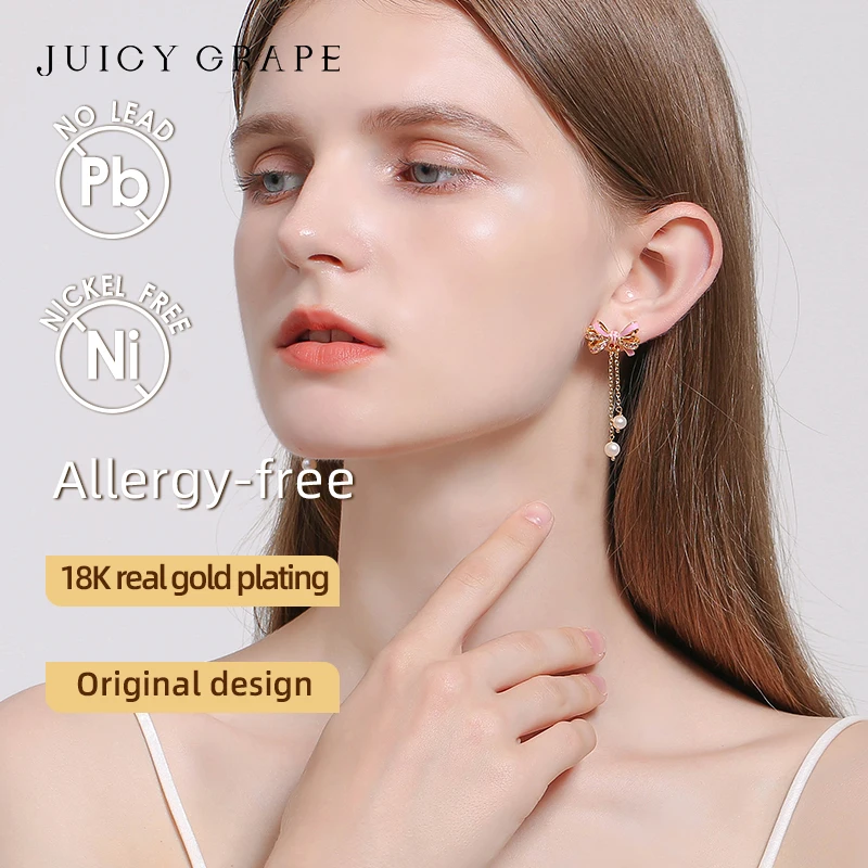 Neue leichte Ohrhänger mit langer Quaste und Schleife aus 925er Silber mit Emaille-Schleife und 18-karätiger Vergoldung Image