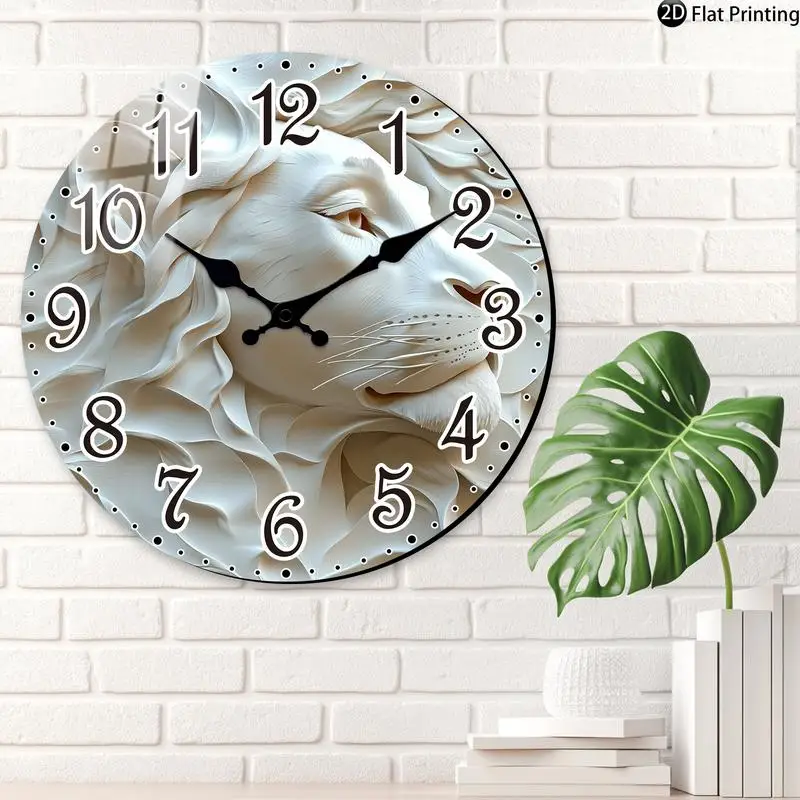 Stille Wanduhr aus Holz, Löwen-Gesichtsuhr, runde Quarz-Analoguhr für Zuhause, Büro, Idee, Urlaubsgeschenke Image
