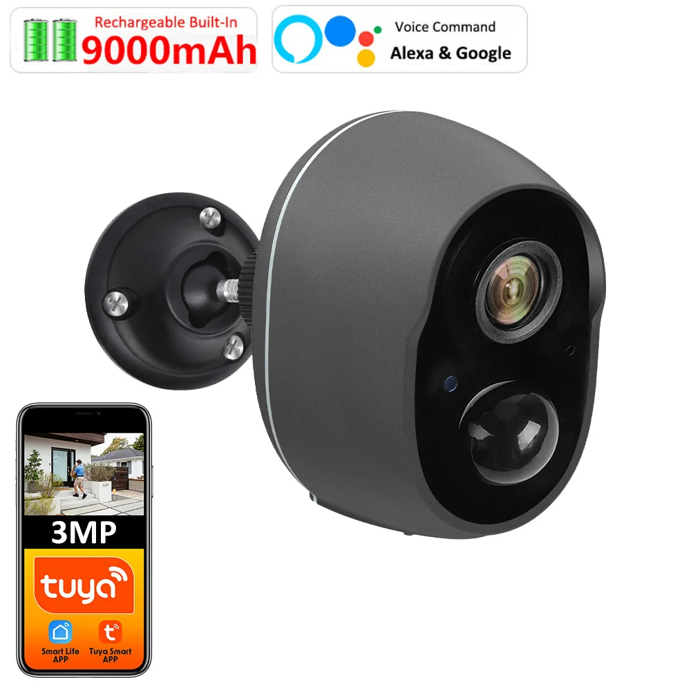 9000 mAh Tuya Smart Leben APP Batterie Betrieben IP65 Outdoor WIFI 3MP Überwachung Sirene CCTV PIR Motion Erkennen Kamera Alexa google Image
