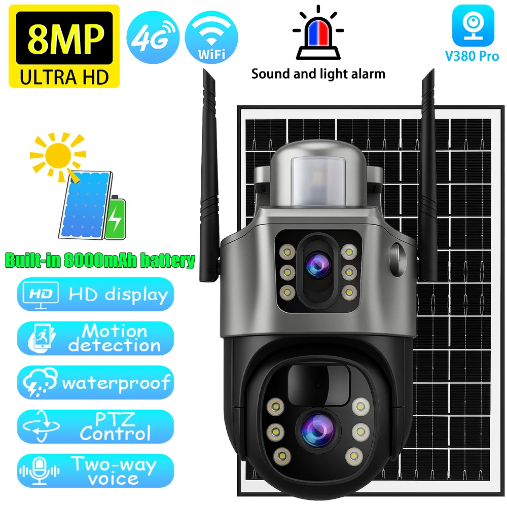 V380 Solar Eingebaute Batterie Überwachungskamera Im Freien Wasserdichte IP66 8MP 4K Dual Objektiv Drahtlose IP Sicherheit CCTV Kamera Image