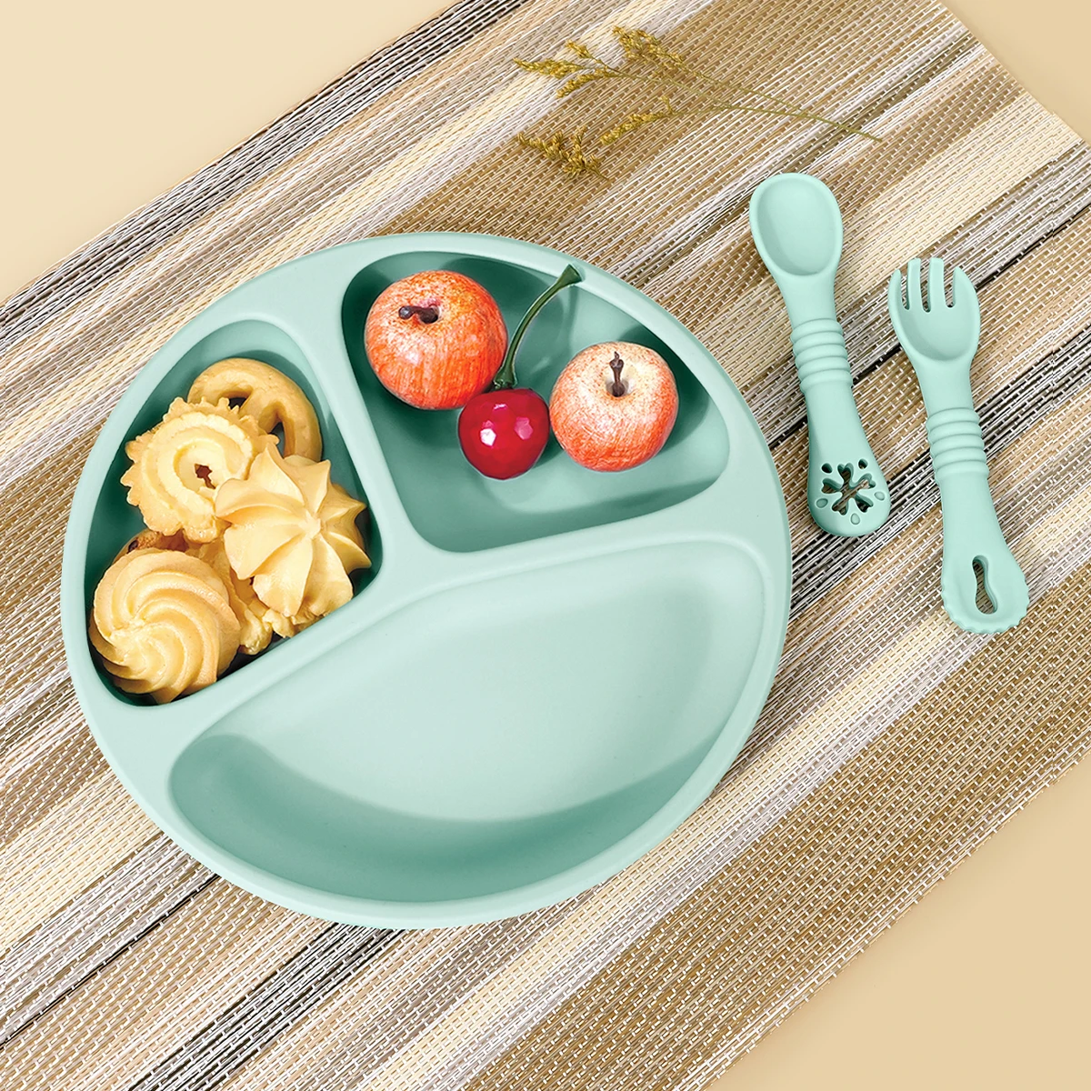 TYRY.HU 3 stücke-1 satz Silikon Baby Fütterung Set Unterteilt Saug Platte Silikon Löffel Gabel Erste Fütterung Essentials Kinder geschenk ﻿ Image