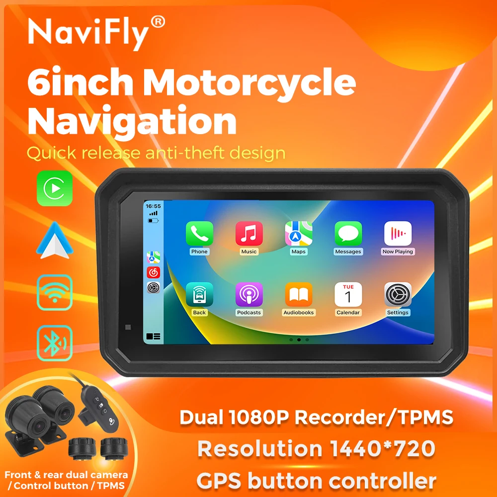NaviFly 6-Zoll-Motorrad-Navigation CarPlay IP67 Wasserdichter Dual-DVR TPMS Moto-Bildschirm Drahtlose Android Auto-Magnethalterung Image