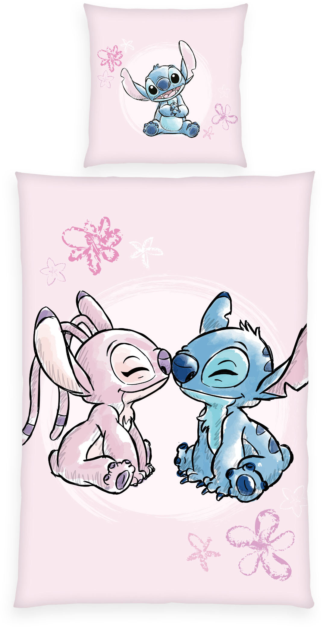 Bettwäsche DISNEY "Disney Stitch", transparent (bunt), B/L: 135cm x 200cm, 1 Stk., 1 Stk., Flanell, B/L: 80cm x 80cm, 2 Stk., Flanell, Obermaterial: 100% Baumwolle, Bettwäsche, Wendebettwäsche Image