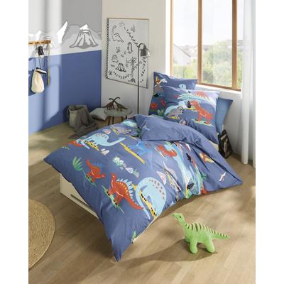 Kinderbettwäsche KAEPPEL "Dinosaurus", blau, B/L: 140cm x 200cm, 1, 1, Feinbiber, B/L: 70cm x 90cm, Feinbiber, Obermaterial: 100% Baumwolle, Bettwäsche, Mit Dinosaurier Image