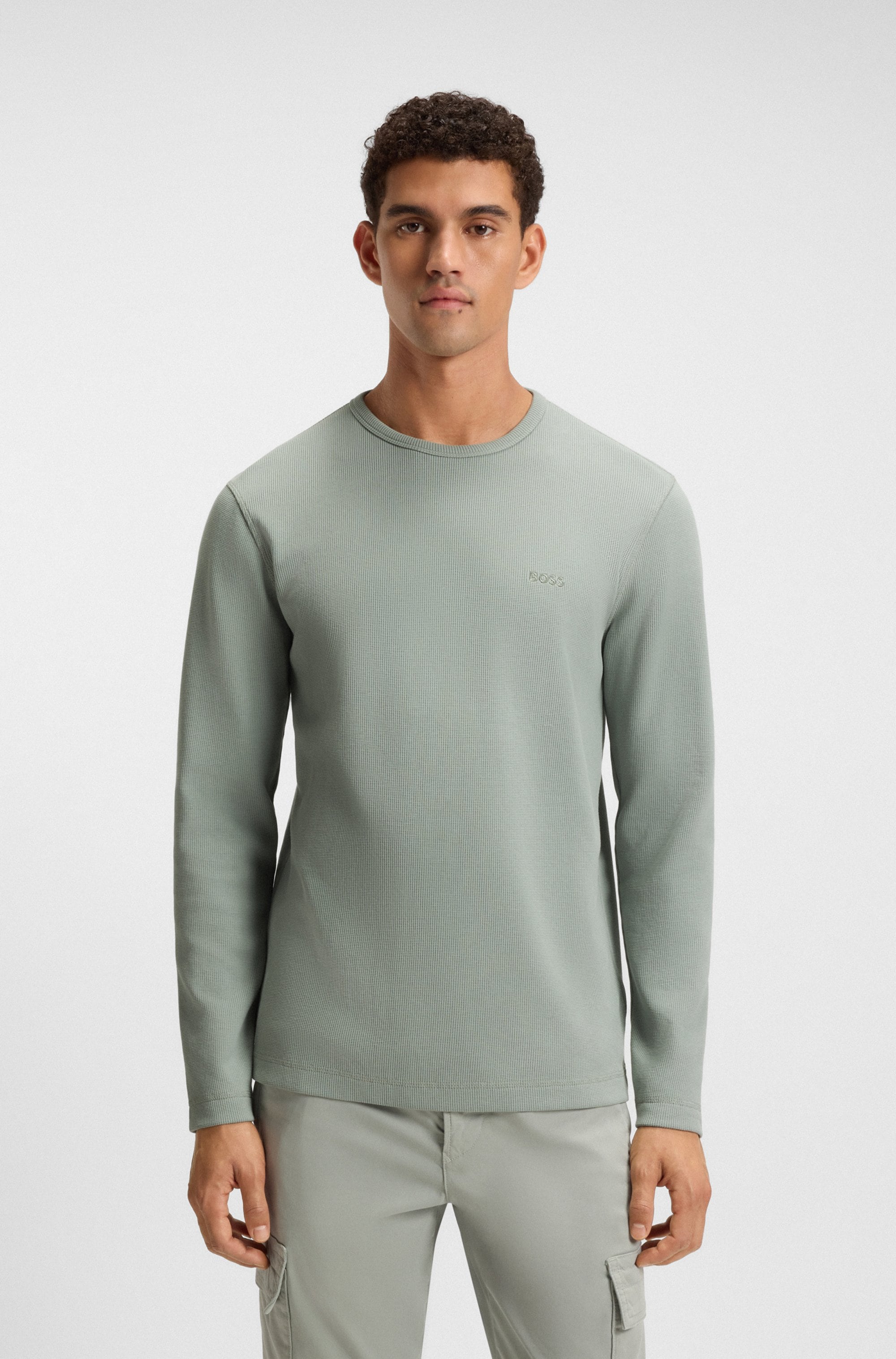 Langarmshirt BOSS ORANGE "Tempesto", Herren, Gr. XXL, grün (open grün351), Single Jersey, Obermaterial: 82% Baumwolle, 12% Polyamid, 6% Elasthan, regular fit normal, Rundhals, Shirts Langarmshirt, mit BOSS-Stickerei