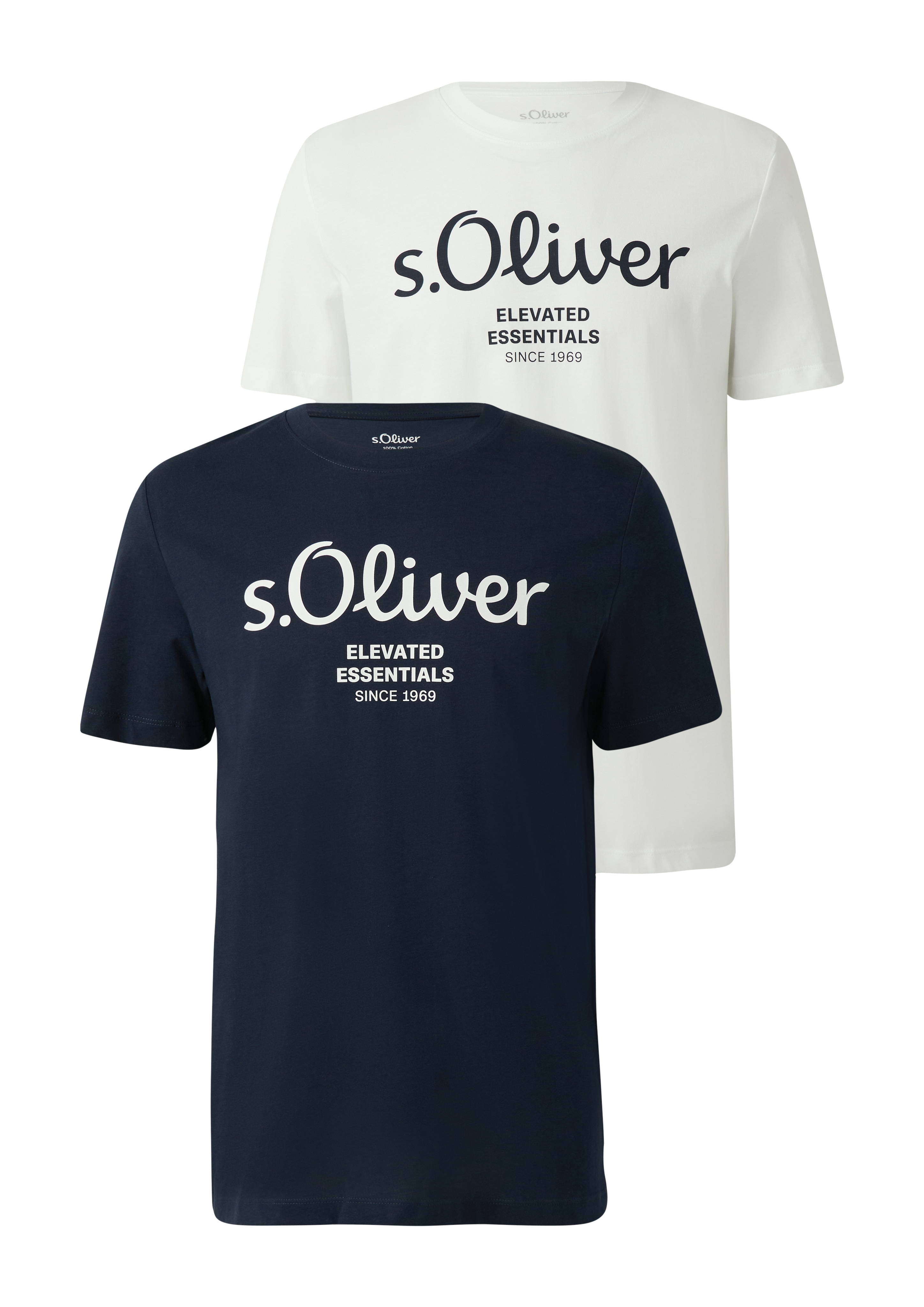 T-Shirt S.OLIVER, Herren, Gr. XL, blau (weiß, navy), Jersey, Obermaterial: 100% Baumwolle, bedruckt, normal hüftbedeckend, Rundhals, Shirts T-Shirt, mit großen Logo-Print, im 2er Pack