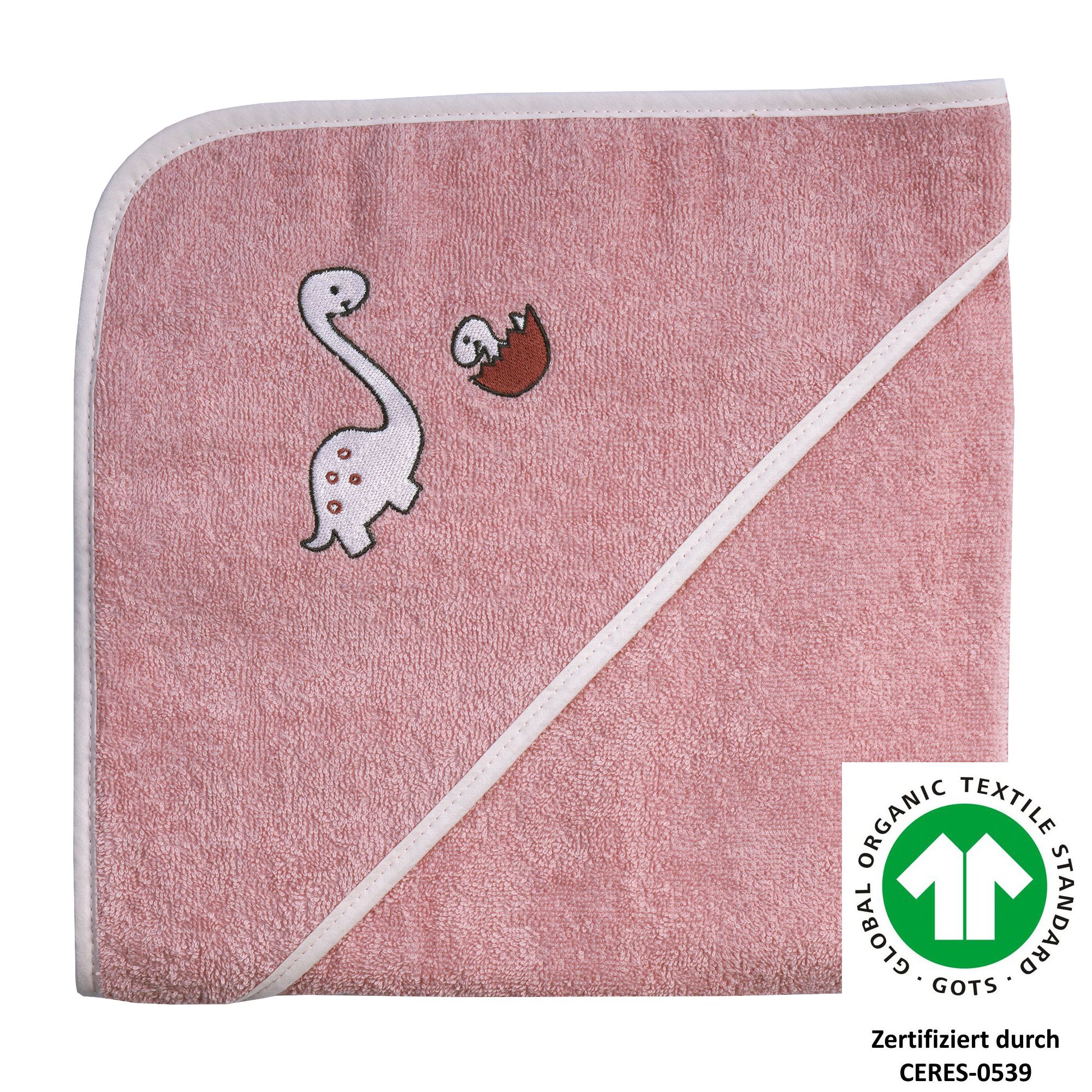 Kapuzenhandtuch WÖRNER "Dinofamilie", rosa, B:100cm L:100cm, Frottee, Frottee, Handtücher, Biobaumwolle, mit Kapuze, maschinenwaschbar, trocknergeeignet