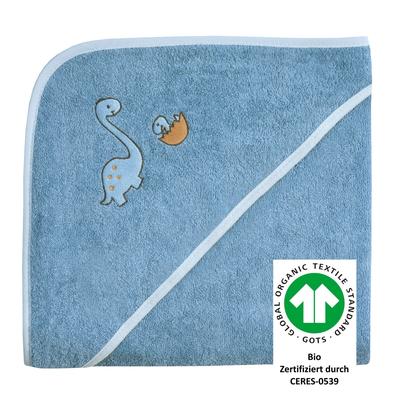 Kapuzenhandtuch WÖRNER "Dinofamilie", blau (stahlblau), B:100cm L:100cm, Frottee, Frottee, Handtücher (Packung), Biobaumwolle, mit Kapuze, maschinenwaschbar, trocknergeeignet Image
