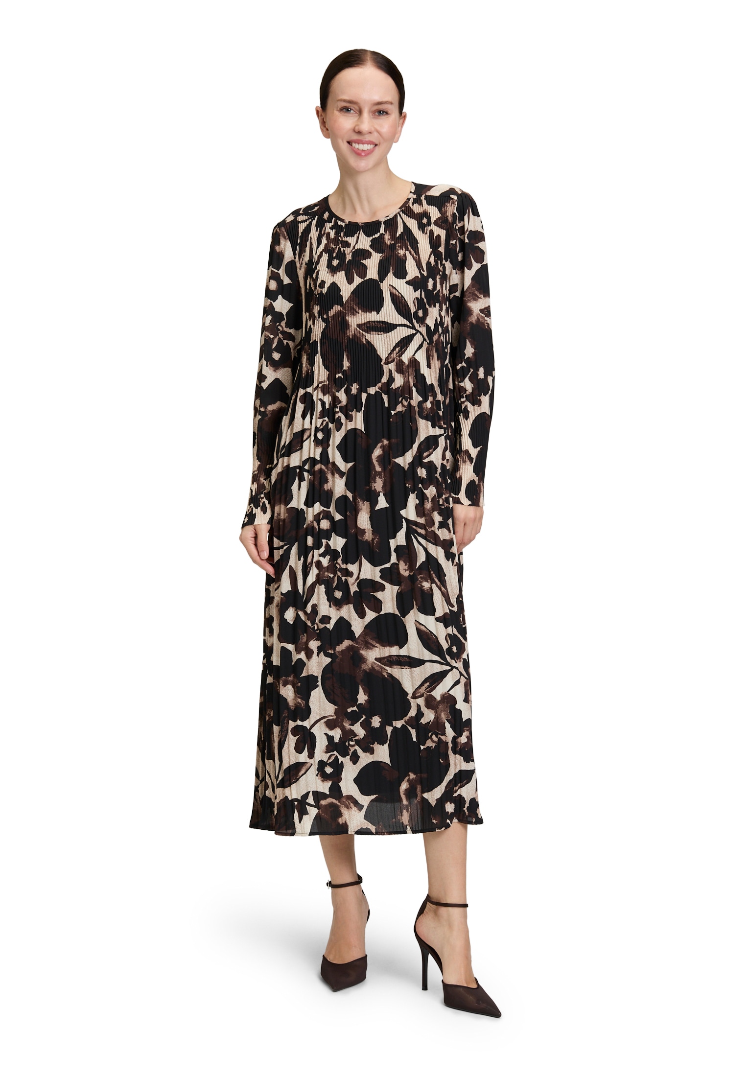 Plisseekleid BETTY BARCLAY "Damen langarm", Damen, Gr. 44, Normalgrößen, braun (beige, braun), Obermaterial: 100% Polyester; Futter: 65% Polyester, 35% Viskose, Basic schmal lang, Rundhals, Kleider