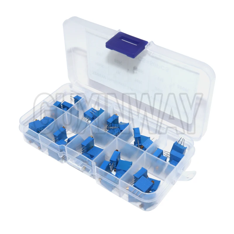 50PCS 3296W Multiturn Trimmer Potentiometer Kit 500R 1K 2K 5K 10K 20K 50K 100K 200K 1M Hohe Präzision 3296 Variable Widerstand Set Image