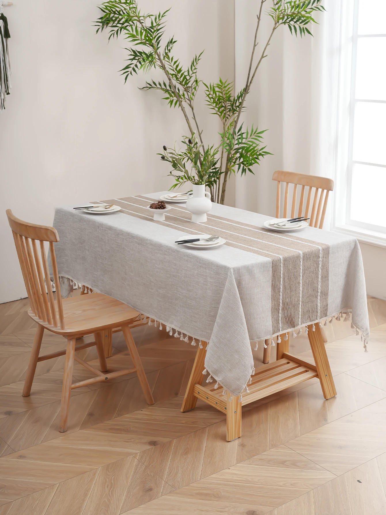 Khakifarbene weiße Streifen-Tischdecke für Wohnzimmer, Schlafzimmer, Esstisch, klassisches Dekor, rutschfest, attraktiv Image