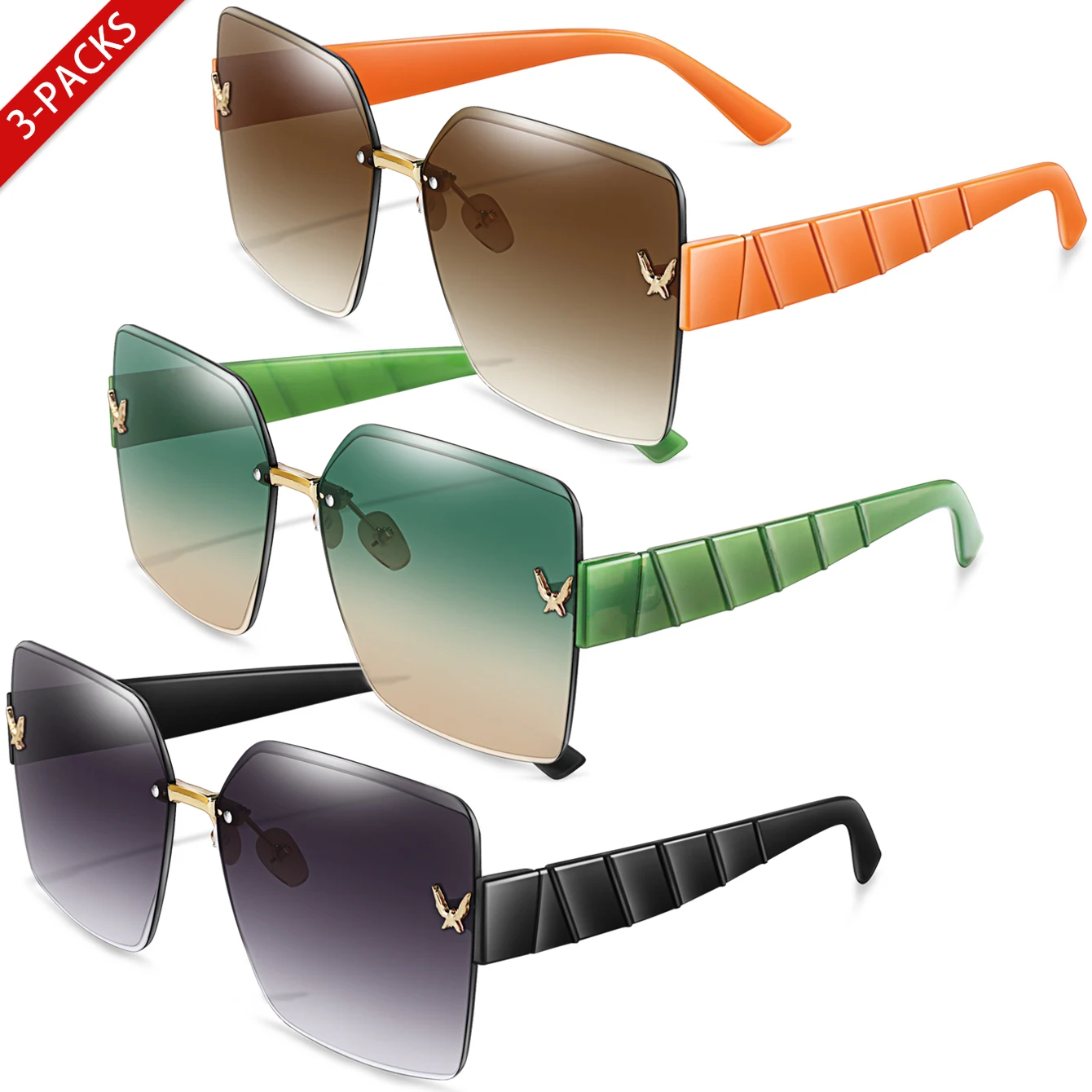 3 Paar trendige randlose Sonnenbrillen für Damen und Herren, lässige quadratische Fahrradbrillen mit UV-Schutz für Outdoor-Wandern, Angeln Image