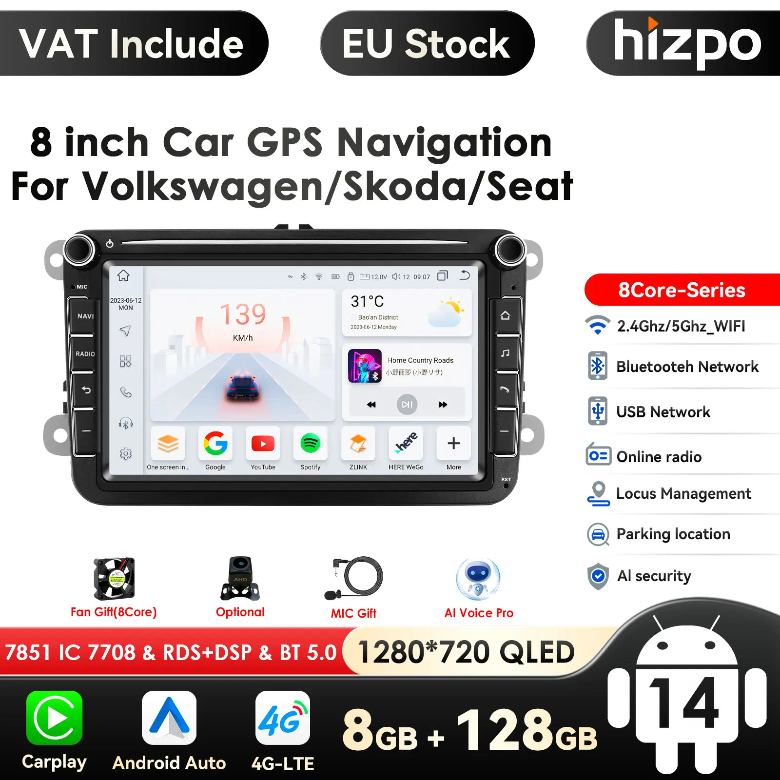 8 + 128G 2 din Android 14 Auto Radio GPS Multimedia Player Für VW Volkswagen Golf Passat b7 b6 Skoda Seat Octavia Polo Tiguan Jetta Image