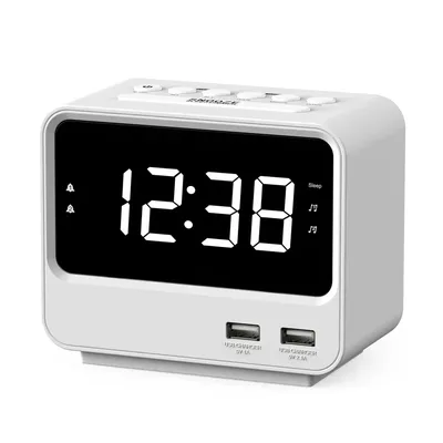 iTOMA A23 Bedside Alarm Clock with Dual USB Ports, Adjustable Brightness & Volume, FM Radio, Sleep Timer, Snooze, White LED