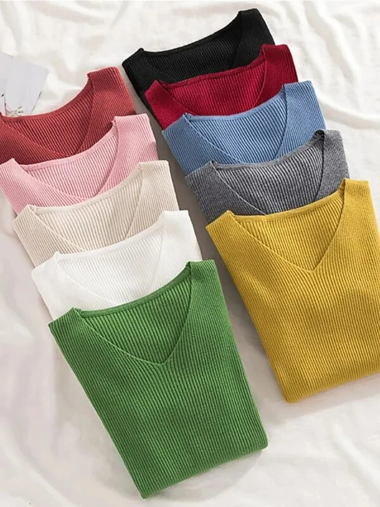 2026 herbst Winter Langarm Pullover Neue Frauen Pullover Grundlegende Top Mode V-ausschnitt Elastische Weibliche Winter Solide Strick Jumper Image