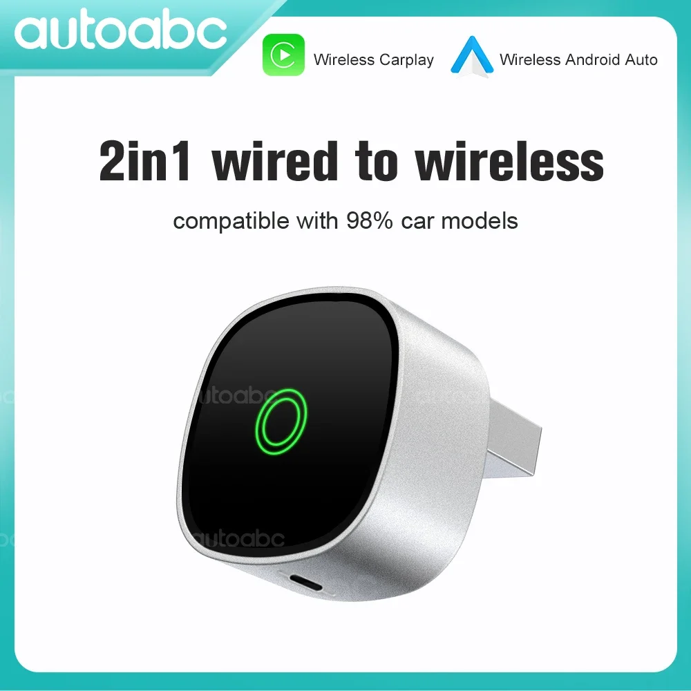 2025 Neuer AUTOABC 2-in-1 kabelloser CarPlay-Adapter, Stecker und Stecker, automatische Verbindung, keine Verzögerung, wandelt kabelgebunden in kabellos um Image