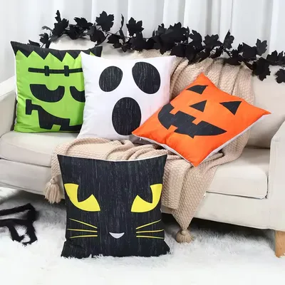 1 x dekorativer Halloween-Kissenbezug, Halloween-Kissenbezug mit lustigem Ausdruck, geeignet für Party, Zuhause, Raumdekoration Image