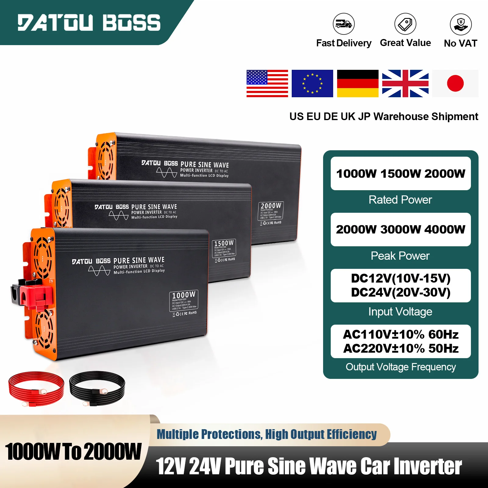DAOTUBOSS 1000 W 1500 W 2000 W reiner HF-Sinus-Wechselrichter, Umwandlungseffizienz, höher als 90 % tragbarer 12 V 24 V PSW-Auto-Wechselrichter Image