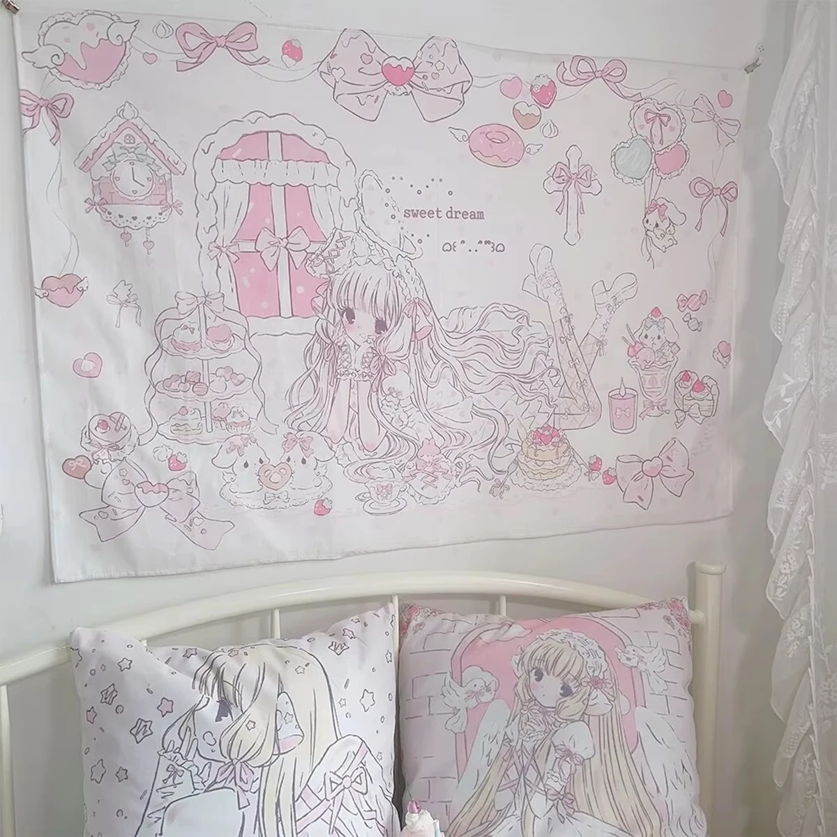 VIKAMA Sweet Dream Wandteppich, Kuchenschleife, rosa, lila Herz, Schlafzimmer, Mädchenzimmer, Dekoration, verträumte Heilungsstil-Wanddekoration Image
