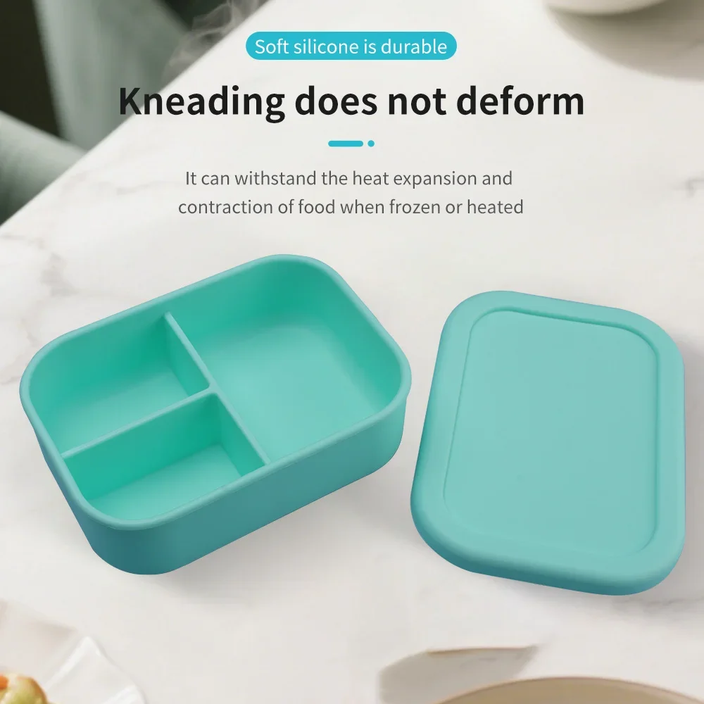 3-in-1-Bento-Box aus lebensmittelechtem Silikon, mikrowellengeeignet, auslaufsicherer Lunchbehälter für den Heim- und Außenbereich Image