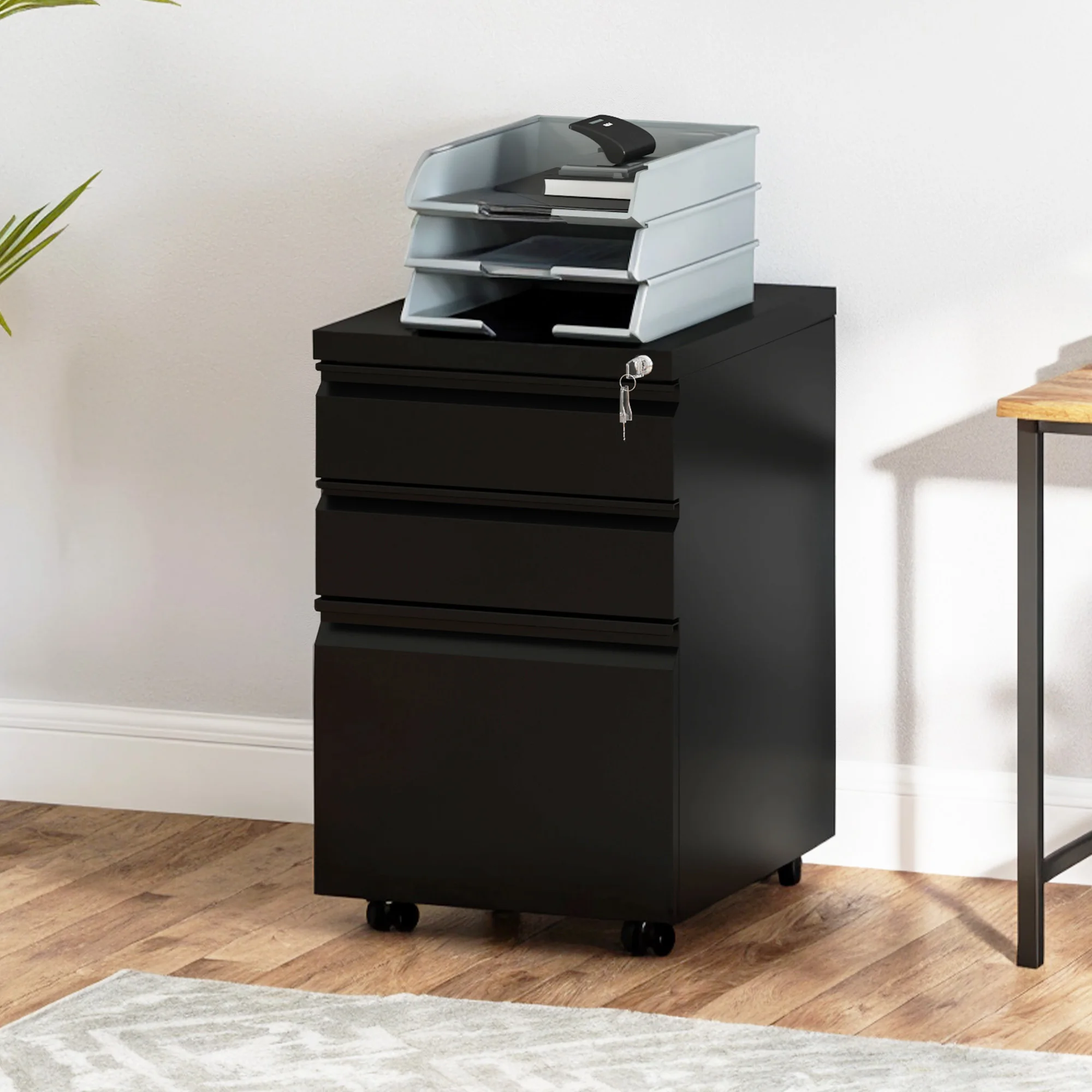 YITAHOME abschließbarer mobiler Aktenschrank mit 3 Schubladen, 46 x 39 x 62 cm (schwarz)