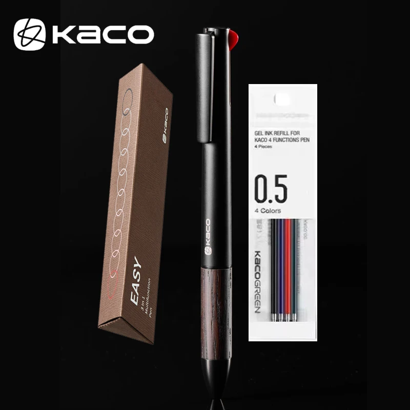 KACO NEUER einfacher 3-in-1-Holz-Multifunktions-Kugelschreiber, Metall, Schwarz, Rot und mechanischer Stift für Prüfung, Hausaufgaben, Bürogebrauch, glattes Schreiben Image