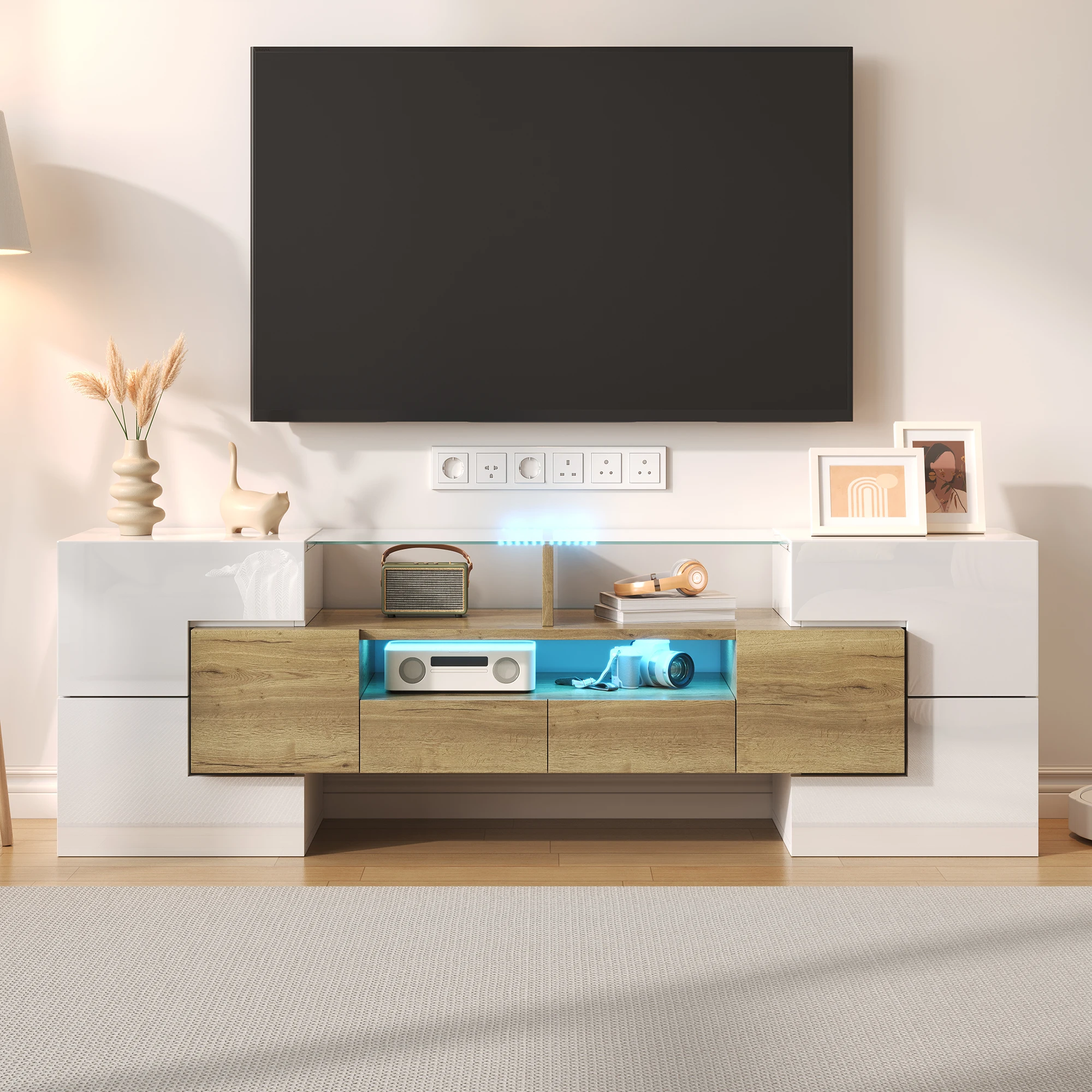Meuble TV 145 cm avec éclairage LED, commode TV, meuble bas pour salon, meuble TV avec 4 portes, gain de place