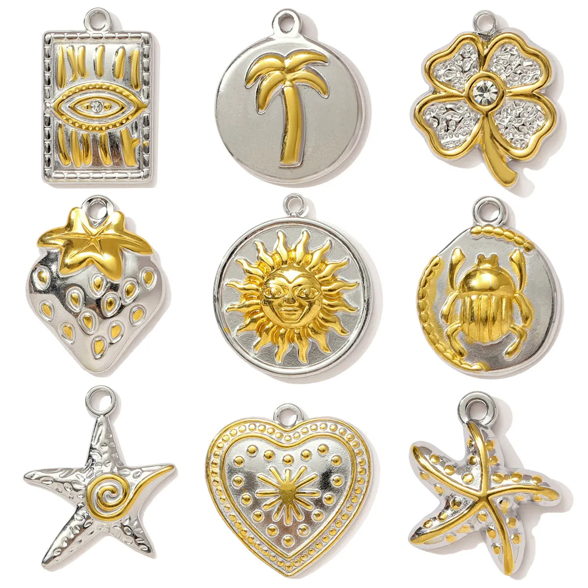 Set da 3 Pezzi in Acciaio Inossidabile Bicolore, Ciondoli Fai da Te per Collana con Motivi Sole, Palma, Scarabeo, Fragola, Trifoglio, Stella Marina, Cuore, Gioielli da Donna