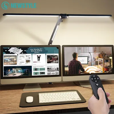 24W LED Clip Desk Lamp with Remote Control Rotatable 3 Head Stepless Dimming Eye-Caring Reading Desk Lamp for Office PC Studying