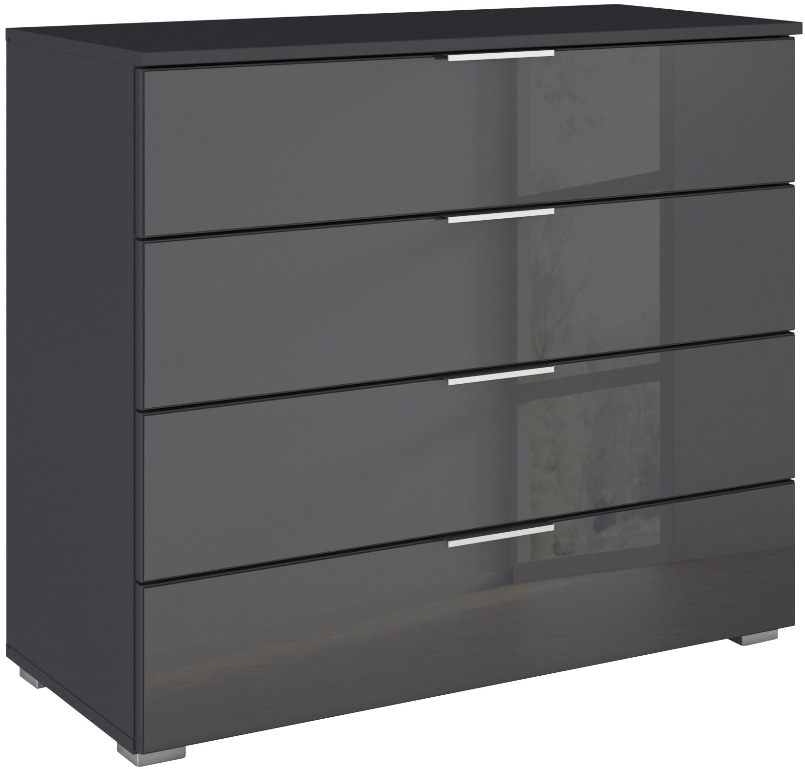Schubkastenkommode OTTO HOME "Sideboard Schubladenkommode Schubladenkommode AGORDO mit Glasfront", grau (graumetallic, glas basalt), B:80cm H:81cm T:42cm, Holzwerkstoff, Sideboards, vier große und geräumige Schubladen mit viel Stauraum MADE IN GERMANY Image