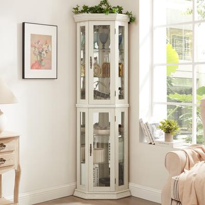 Illuminated Corner Display Cabinet With Tempered Glass Doors & Adjustable Shelves.