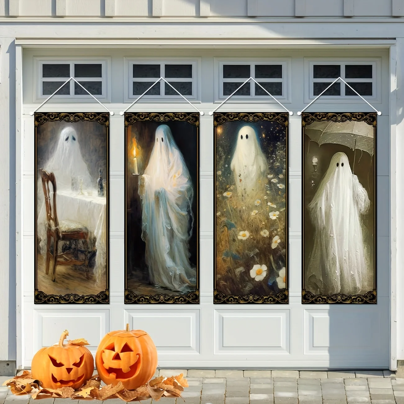 Halloween-Dekorationen, 4-teilig, Vintage-Halloween-Banner zum Aufhängen, Geist mit einer Kerze, Foto-Banner-Hintergrund für drinnen und draußen Image