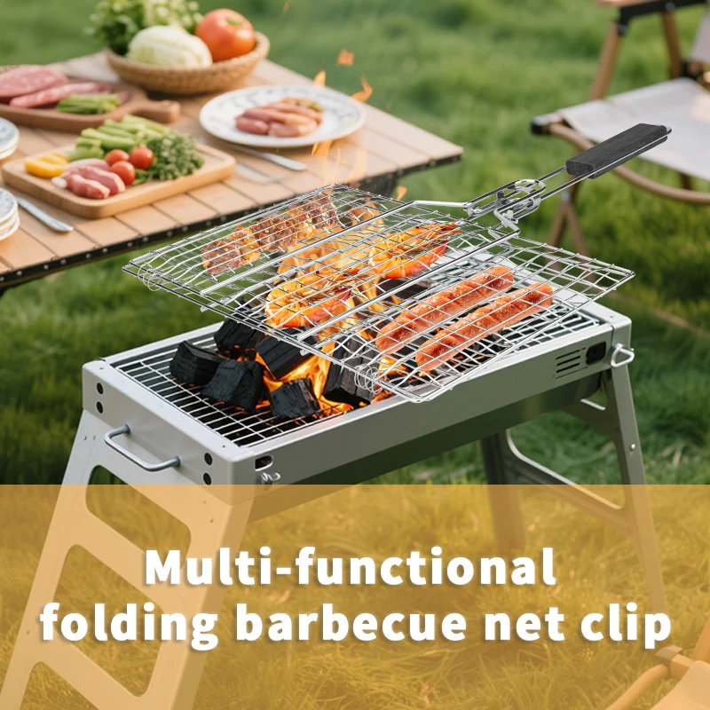 Klappbarer Grillclip mit Holzgriff und Aufbewahrungstasche, tragbarer Multifunktionsgrill für den Außenbereich, Fischclip, Grillnetz, Steakgrill Image