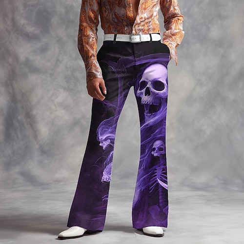 Herren Skull Smoke Kostüme Disco-Hosen 60er 70er Schlaghosen Mittlere Taille Dunkler Gothic-Stil Outdoor Urlaub Seitentaschen ausgestellte Beinhosen Hosen Frühling Herbst 3D Druck Lila Grün Dunkelblau Image