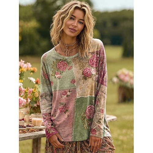 Frauen 3D Druck T-Shirt Floral Grafik Gradient Elegant Vintage Stilvoll Langarm Crew Neck Rundhals Reguläre Tops Alltag Ausgehen Wochenende Gelb Rot Grün Off-White Frühling Herbst Image