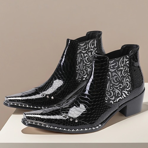 Herren Stiefel Bikerstiefel Druckschuhe Retro Spaziergang Leder Lackleder Italienisches Vollnarbenleder Bequem Rutschfest Warm Stiefeletten Loafer Schwarz Herbst Winter Image
