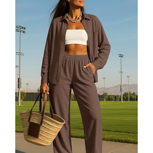 Damen Hose mit weitem Bein Freizeitanzug Hemdjacke mit Tasche Einfarbig Kombination Herbst Weiß Leicht Grün Outdoor Reise Sport Hohe Taille Atmungsaktiv Langarm Sport Sportkleidung Mikroelastisch Image