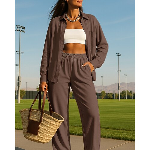 Per donna Pantaloni a gamba larga Abito casual Giacca da camicia con tasca Tinta unita Completo Abbigliamento Autunno Bianco Verde Chiaro All'aperto Viaggio Sportivo Vita Alta Traspirante Manica Lunga