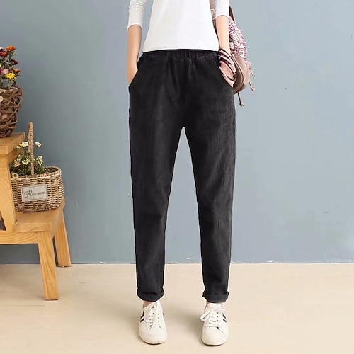Damen Cordhose Stoffhosen Gerade Streetwear Lässig Volle Länge Natürliche Taille Einfach Tasche Elastischer Bund Bequem Ferien Wochenende Aprikose Grau Schwarz Rosa Herbst Normale Passform Image
