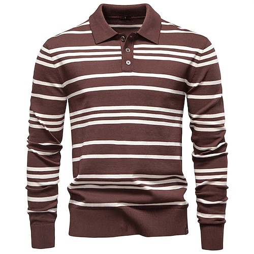 Herren Pullover Polo-Pullover Stricken Normale Oberteile Streifen Knöpfe Horizontale Streifen Polokragen Vintage Täglich Schule Heim Bekleidung Frühling Herbst Schwarz Braun S M L Image
