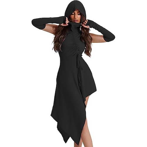 Gotisch Kleid Mit Kapuze Hexe Asymmetrischer Saum Kostüm Damen Fantasie Halloween Karneval Leistung Party Erwachsene Kleid Handschuhe Image